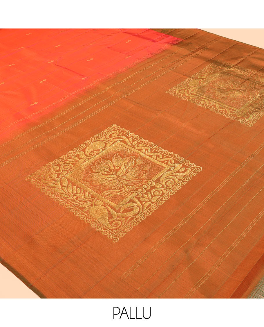 Orange Kanchipuram Silk Saree, Woven with Zari Buttas, a Contrast Thazampoo Rekku Border, Zari Design Pallu, and a Contrast Blouse