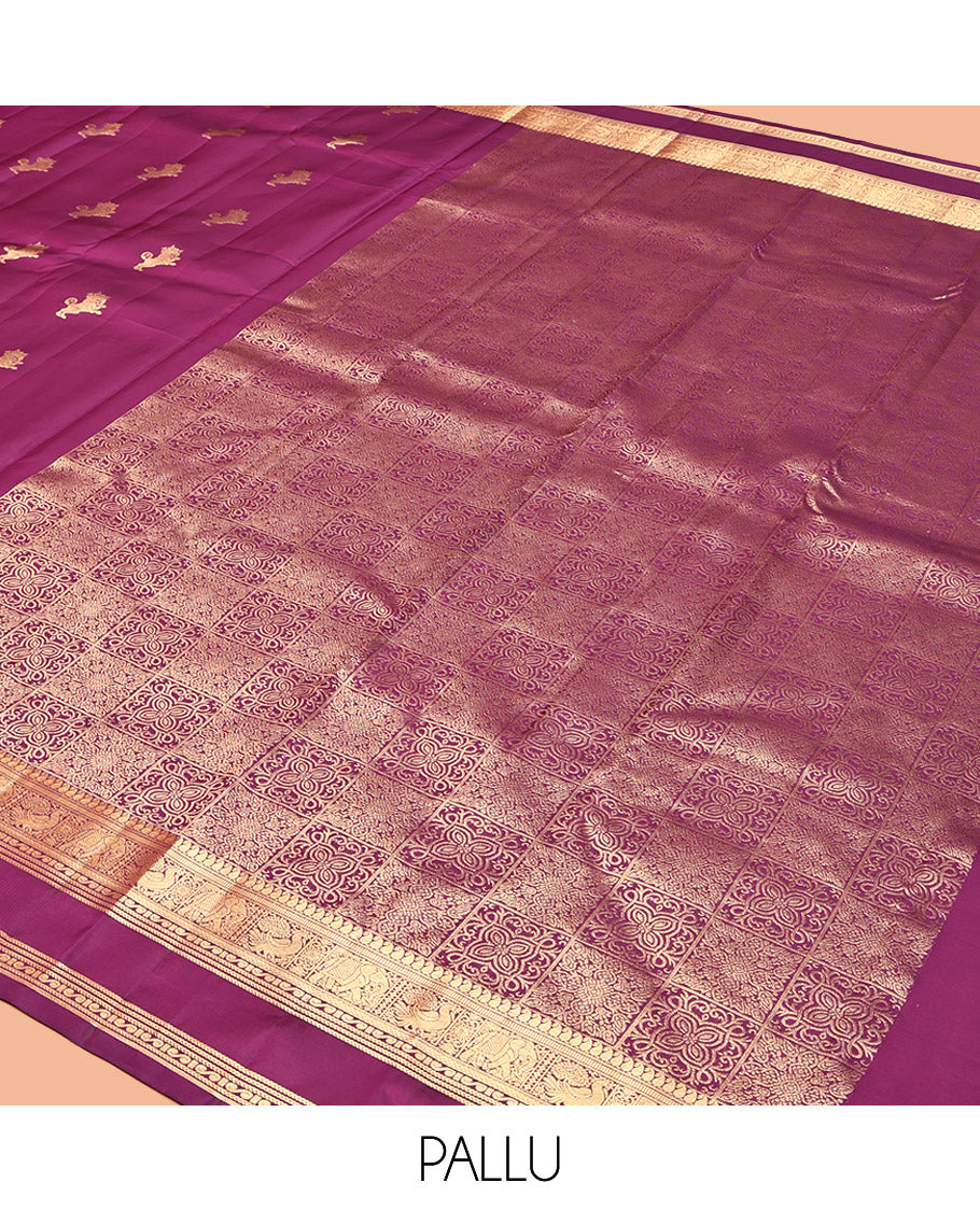 Magenta Vasundhara Lite Silk Mix Saree, Detailed with Yaali Buttas, Highlighted by Zari Border of Manga, Muthu, Mayil, and Yaanai Design, Grand Pallu, and a Matching Blouse