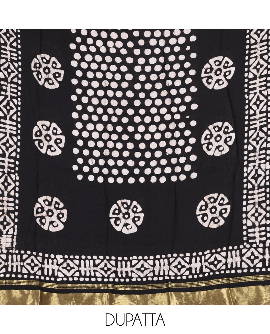 Black material chudidar set, polka dots batik printed modal chanderi top, batik motifs printed bottom, and a batik motifs printed modal chanderi dupatta