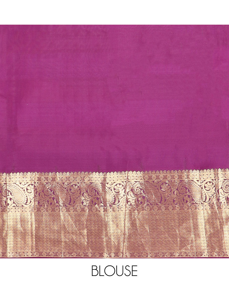 Purple-blue striped & zari design vasundhara silkmix saree,contrast jaal pallu & border of thilakam,banaras,rudraksham,floral & manga