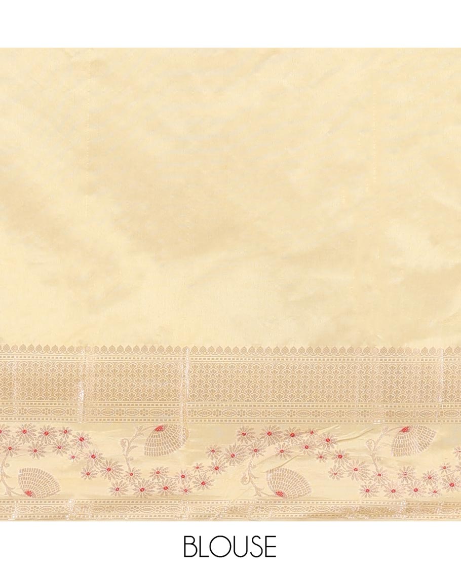 Mustard Green-Mango-Silk Saree, Embellished with Floral Zari Buttas All Over Its Body, Complemented by a Contrast Meenakari Zari Traditional Border of Floral Designs, Grand Pallu, and Paired with a Contrast Blouse
