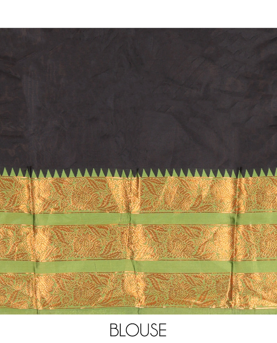 Black-Green Semi-Banarasi Half-Saree Features Plain Skirt, Contrast Floral Creeper Zari Border, Matching Blouse, Contrast Dhavani