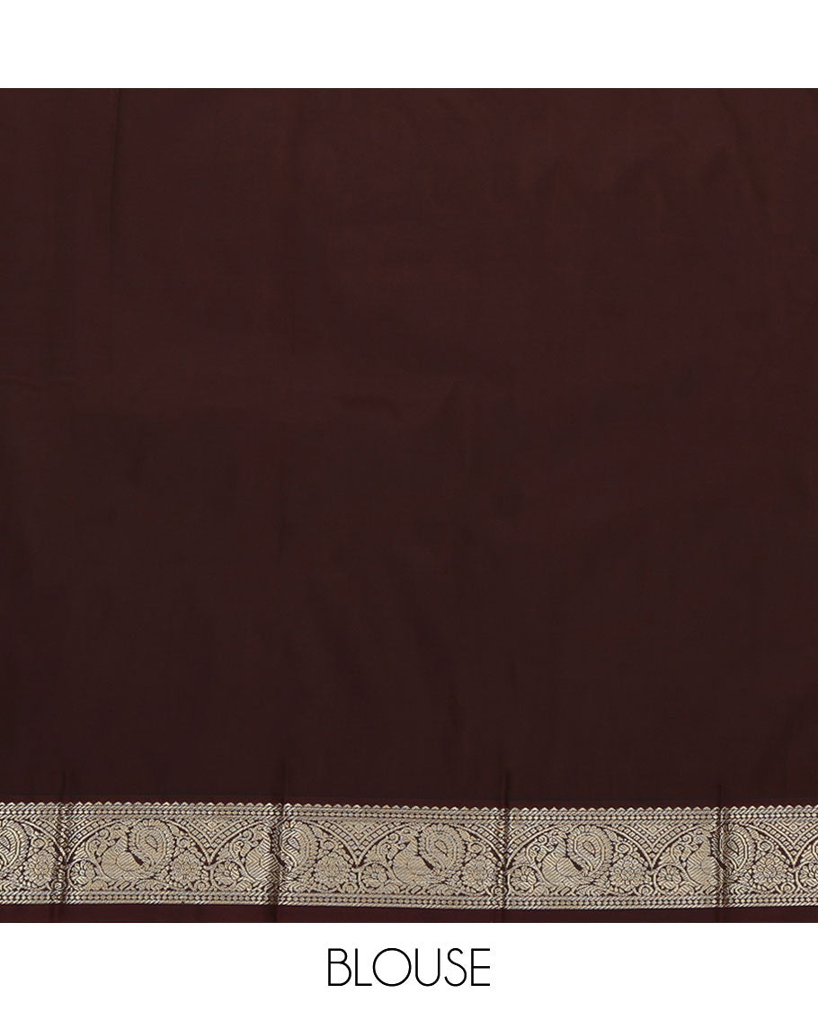 Pink Budget Silk Saree, Sparsely Woven with Zari Buttas All Over Its Body, Complemented by Contrast Border of Peacock Designs, a Masterfully Woven Pallu of Geometric Designs, and Paired with a Contrast Blouse