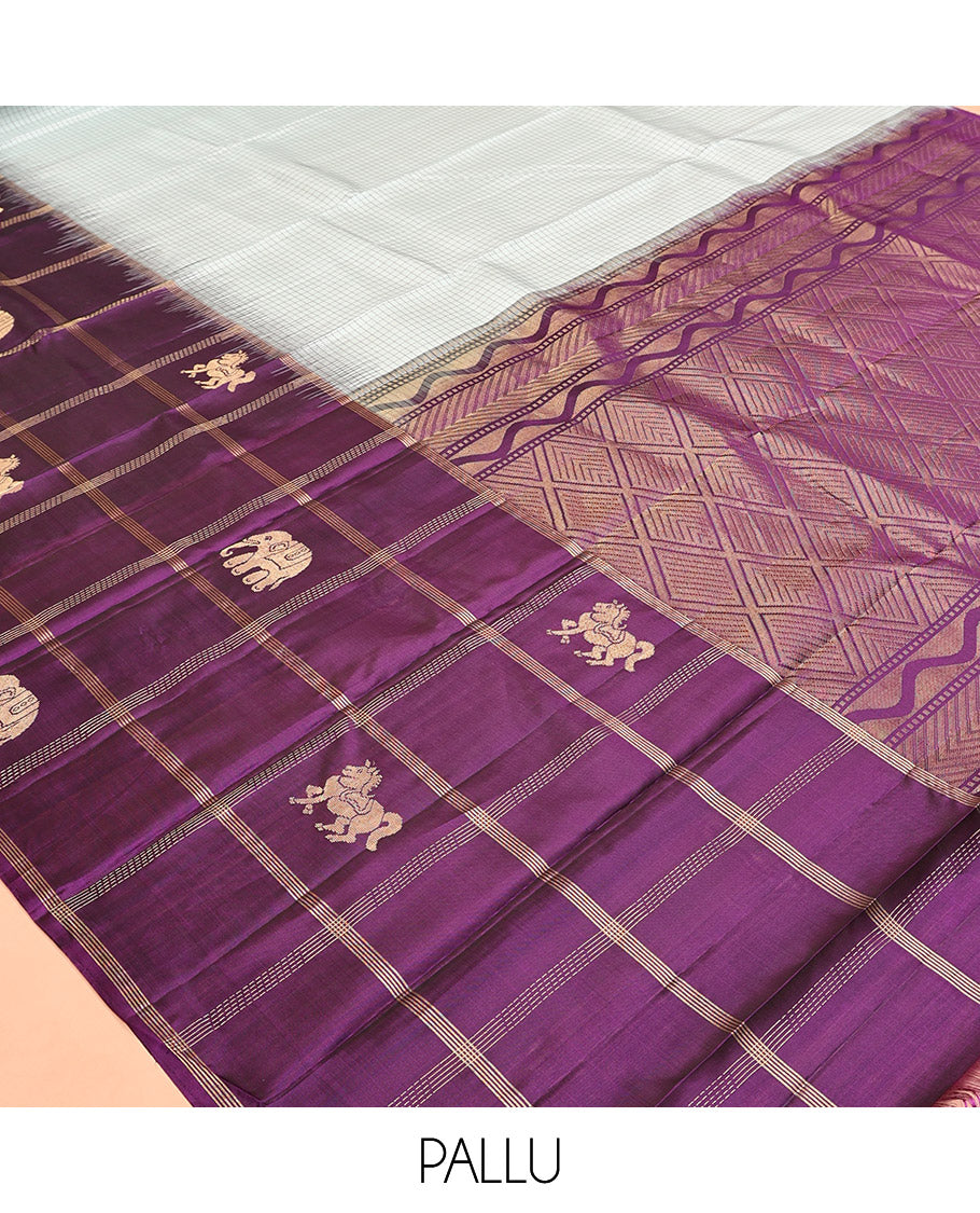 Grey Checked Kanchipuram Silk Saree, a Contrast Border of Butta Enclosed Checks, Jaal Pallu, and a Contrast Blouse