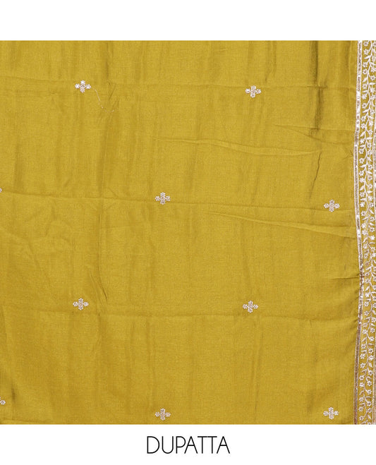 Rama green Vichitra silk material chudidar set, floral design neck embroidered top, santoon bottom & contrast embroidered Vichitra silk dupatta