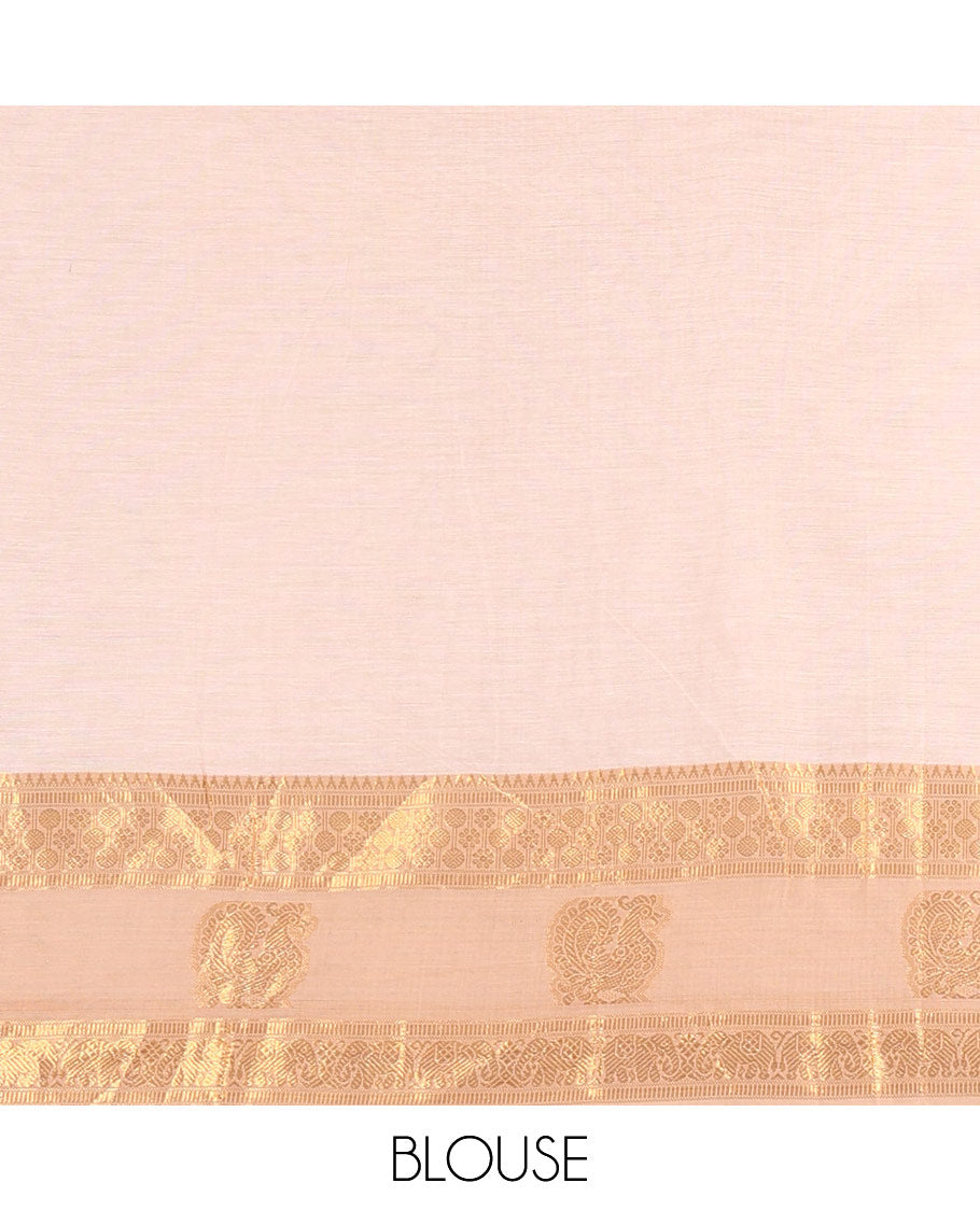 Cream-chikku sungudi cotton half-saree, plain with contrast traditional zari peacock motif bordered skirt, matching blouse, and a zari bordered dhavani