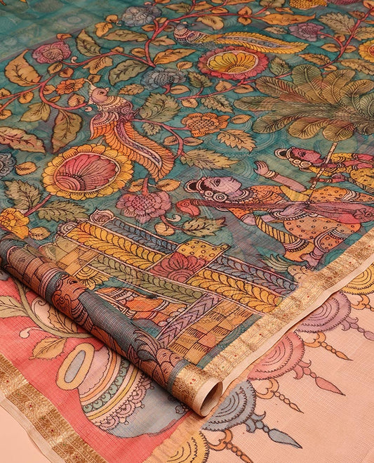 Blue Flora-Fauna-Human Pen Kalamkari Silk Saree, Contrast Zari Border, God Motif Pallu, Contrast Blouse