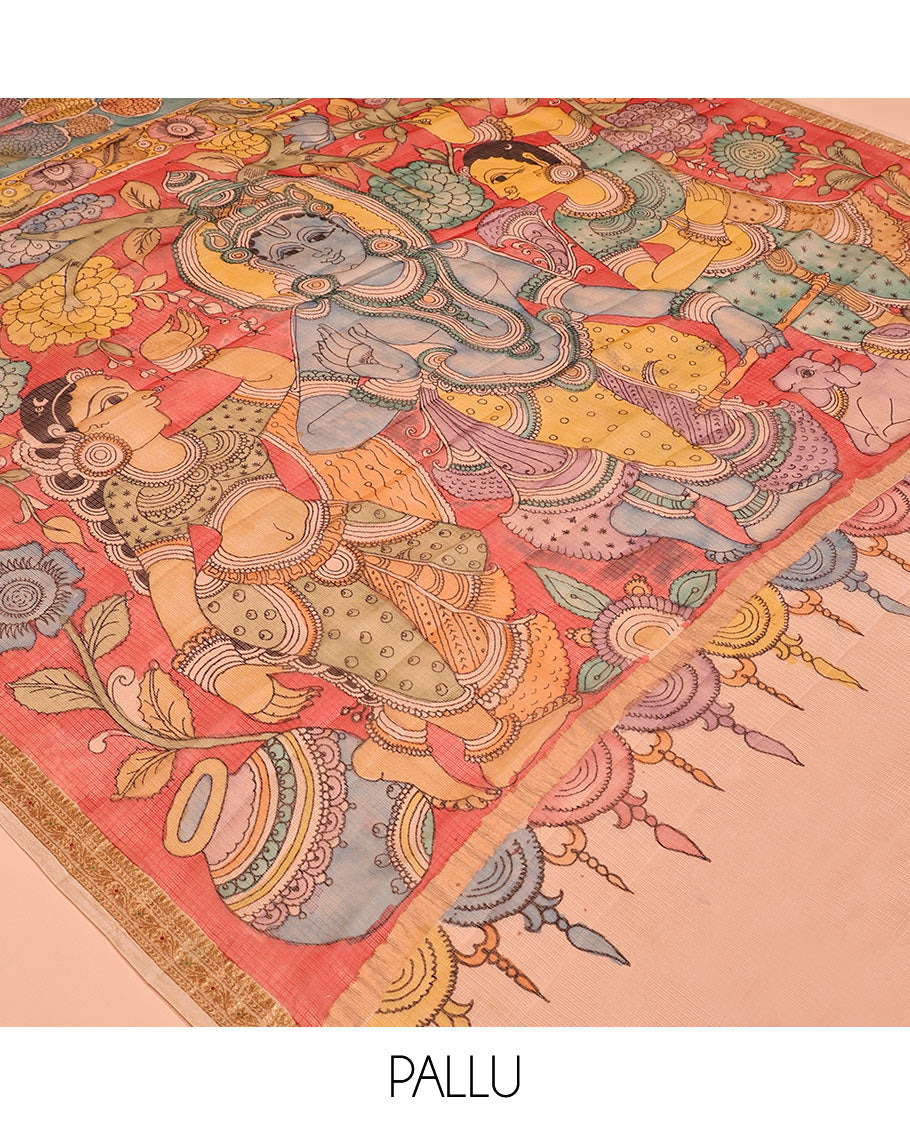 Blue Flora-Fauna-Human Pen Kalamkari Silk Saree, Contrast Zari Border, God Motif Pallu, Contrast Blouse