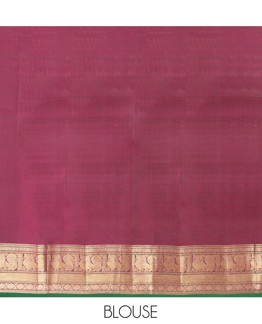 Pale Brown Kanchipuram Silk Saree, Delicately Woven with Iruthalaipakshi Butta Enclosed Checks on Its Body, Complemented by a Contrast Temple Border, Sparsely Woven Jaal Pallu, and Paired with a Contrast Blouse