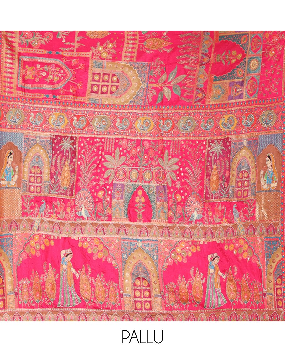 Pink Dola Silk Saree, Boldly Accentuated with Floral and Mughal-Style Print on Its Body, Highlighted by a Peacock Border, Pallu Depicts Mughal-Style Printed Outline Embroidery, and Paired with a Matching Blouse