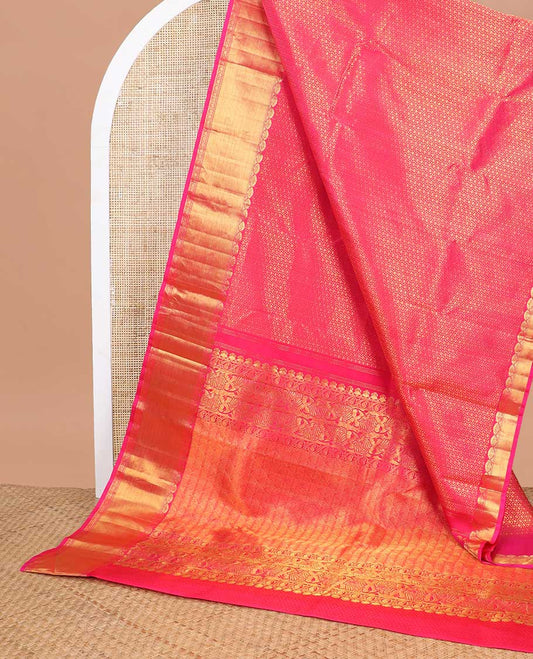 Pink floral jacquard silk saree with self border of muthu, banaras design & intricate zari design pallu