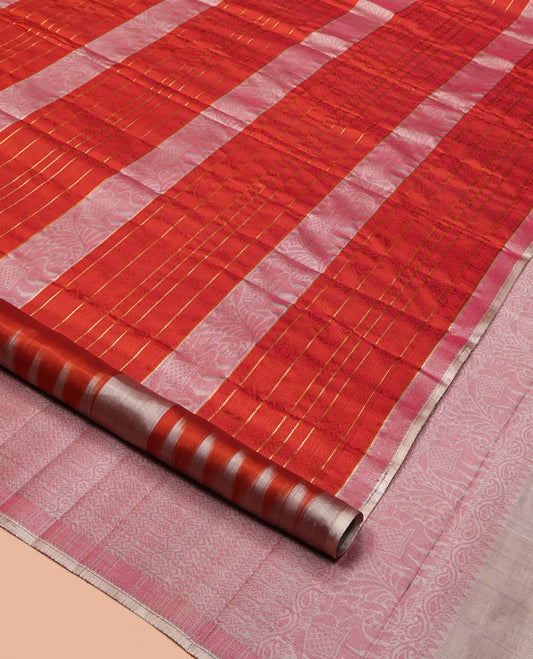 Borderless Orange Mayuri Soft Silk Saree, Elevated with Stripes and Elephant Motifs, Pallu Steeped with Geometric Patterns, and Paired with a Contrast Blouse