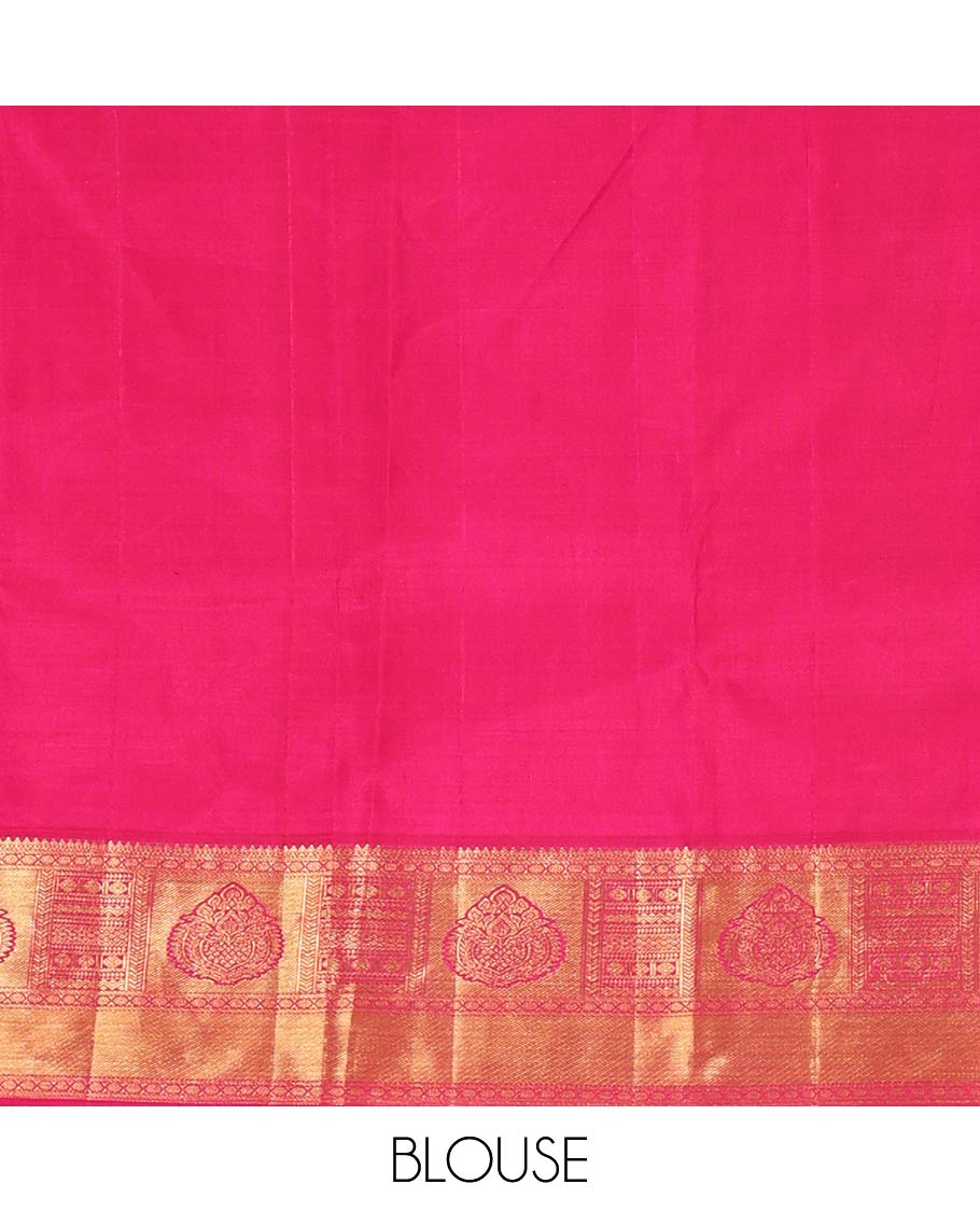 Pink Kanchipuram Wedding Silk Saree, Meticulously Crafted with Jacquard Design On Its Body, Complemented by Contrast Border of Traditional Zari Designs, Grand Jaal Pallu and Paired with a Matching Blouse