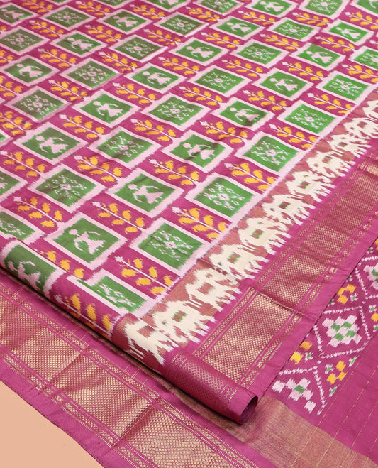 Pink Pochampally Ikat Silk Saree, Meticulously Woven with Ikat Enclosed Checks on Its Body, Highlighted by a Zari Border, Pallu of Jaal Pattern in Ikkat Weave, and Paired with a Matching Blouse