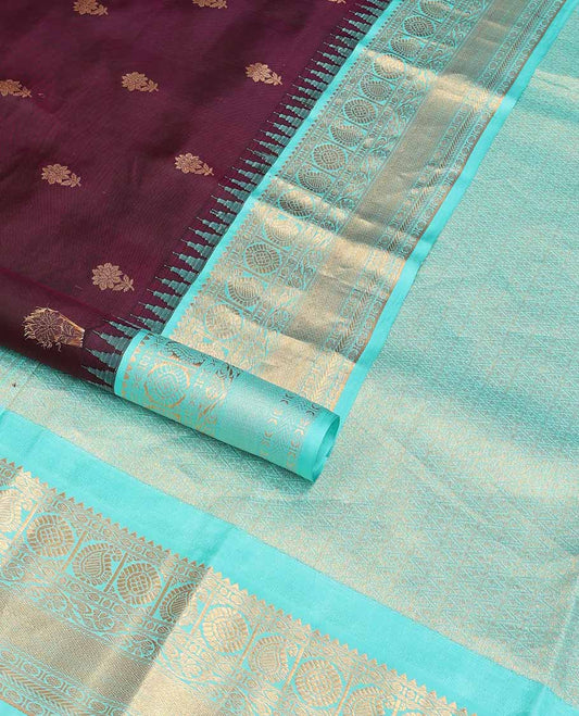 Violet floral buttas silk saree with contrast border of rekku, banaras, paun, manga, kathir design & geometric design pallu