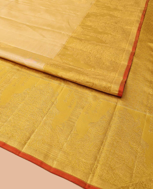 Sandal Kanchipuram Designer Silk Saree, Gracefully Embellished with Buttas All Over Its Body, Complemented by a Contrast Border of Mayil, Kuthirai, Yaali, and Pichwai Cow Designs, Grandly Woven Jaal Pallu, and Paired with a Contrast Blouse