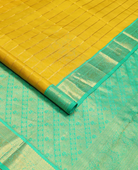 Yellow kathir stripes Kanchipuram korvai silk saree, contrast neer korvai border of thilakam mokku, kuyil kann, muthu, mayil , and yaali designs, and floral design pallu