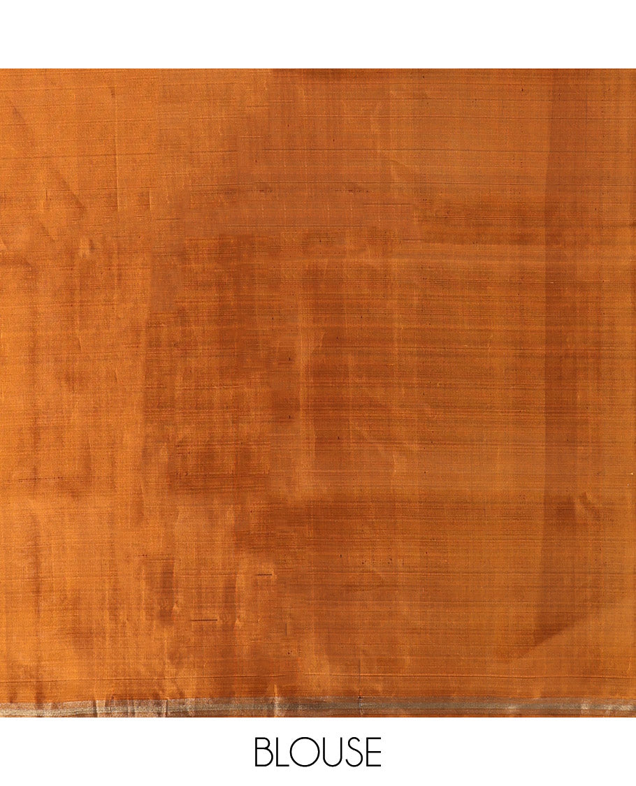 Orange Mayuri Lite Silk Mix Saree, Adorned with Zari Stripes and Floral Buttas, a Zari Piping Border, Pallu of Leaf Vine and a Matching Blouse