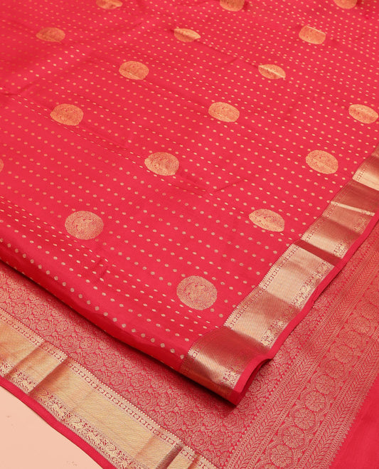 Red Vasundhara Silk Mix Saree, Decorated with Zari Buttas All Over Its Body, Highlighted by Zari Border of Rudraksham, Neli, Mayil, and Yaali Designs, Grand Pallu, and Paired with a Matching Blouse