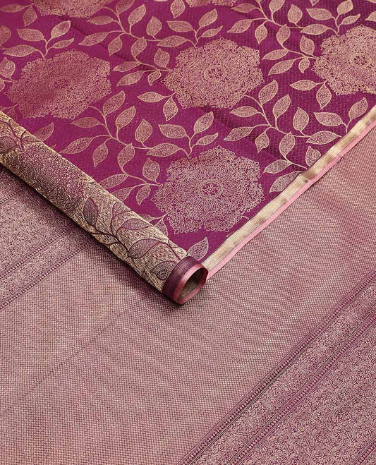 Violet checked, floral design kanchipuram designer silk saree with self zari border & intricate zari design pallu
