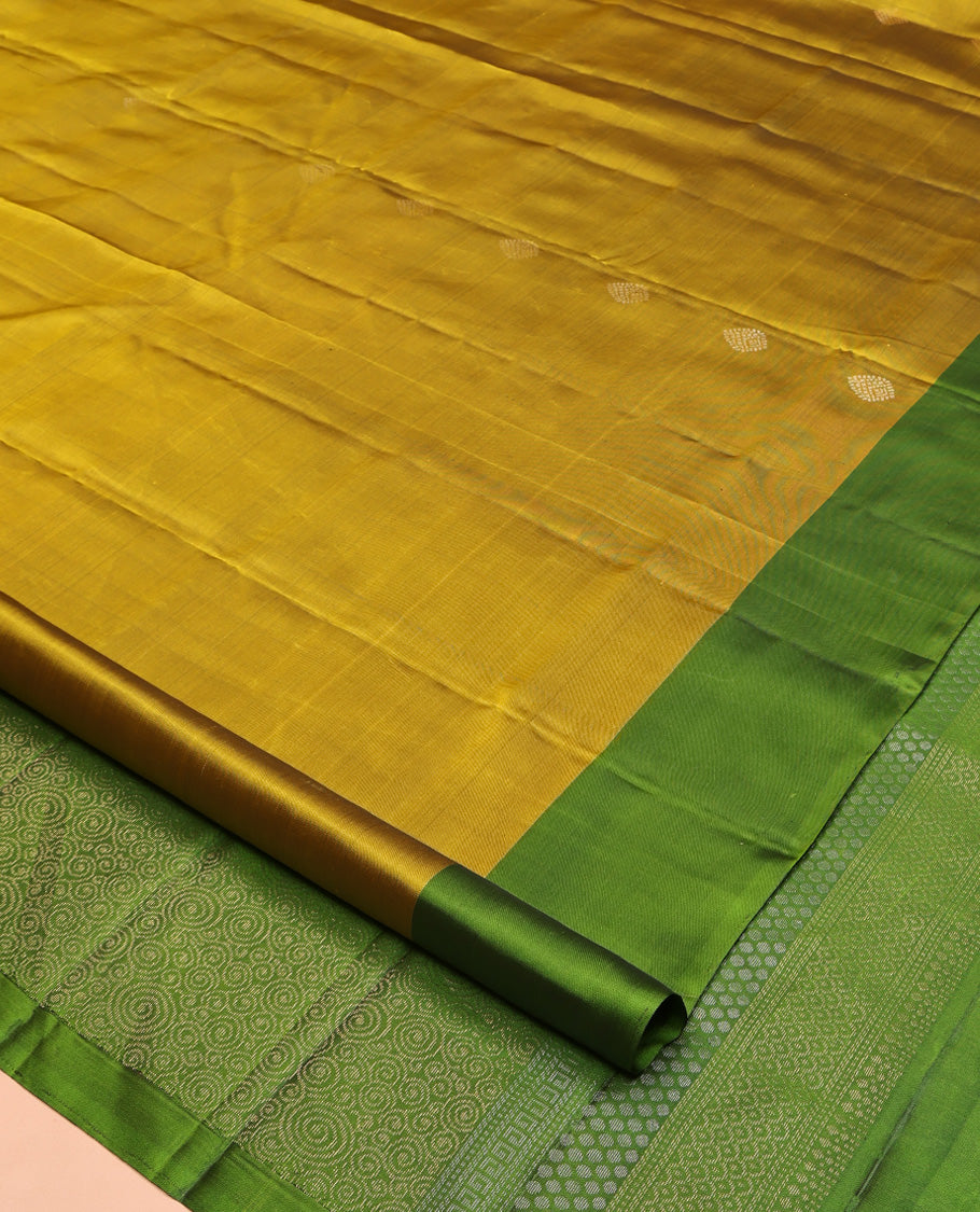 Yellow Mayuri Lite Silk Mix Saree, Woven with Zari Buttas All Over Its Body, Complemented by a Contrast Buttas Border, Pallu of Spiral Designs, and Paired with a Contrast Blouse