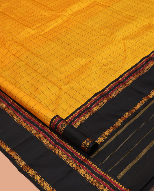 Yellow Kanchipuram Silk Saree, Sparsely Woven with Checked Design All Over Its Body, Complemented by a Contrast Rettai Pettu Border of Thilakam, Muthu, and Jada Nagam Designs, Pallu of Thazampoo Rekku Designs, and Paired with a Contrast Blouse