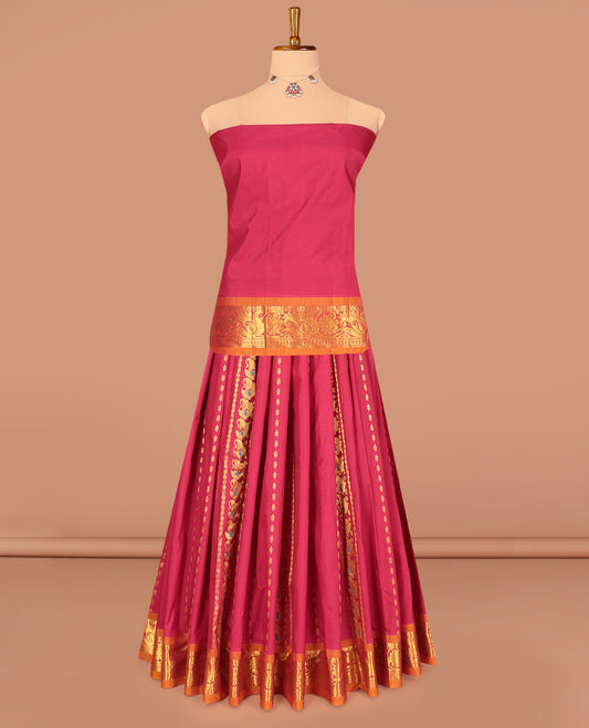 Red Art Silk Pavadai Material Set, Detailed with Zari Designs on Its Skirt, Complemented by a Contrast Traditional Zari Border, and a Matching Blouse