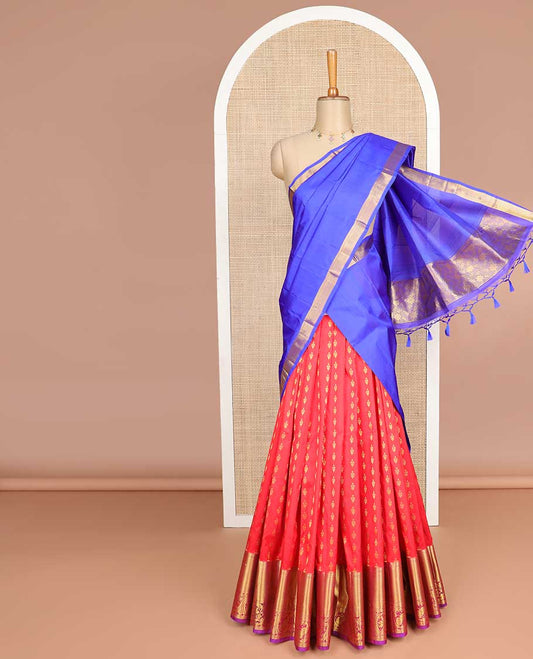 Red floral buttas silk half saree with contrast border of rekku, banaras, paun, kuyil kann, mayil design, zari design border & intricate zari design dhavani