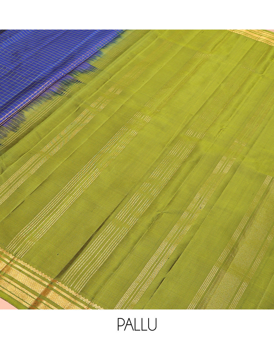 Blue checked Kanchipuram silk saree, contrast border of salngai, kathir, mayil kann, and mayil kann designs, and zari striped pallu