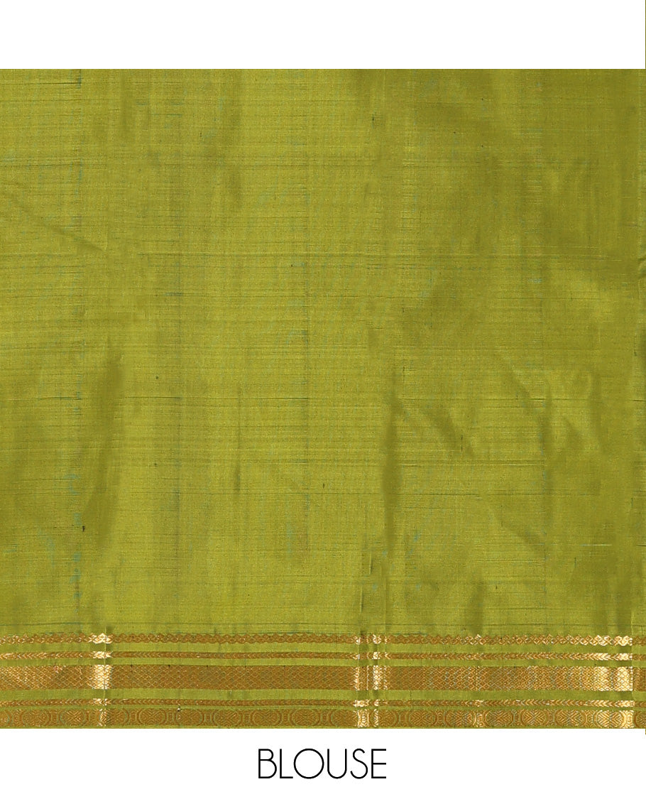 Blue checked Kanchipuram silk saree, contrast border of salngai, kathir, mayil kann, and mayil kann designs, and zari striped pallu