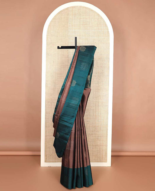 Brown zari buttas silk mix saree, contrast zari design border & pallu of geometric designs