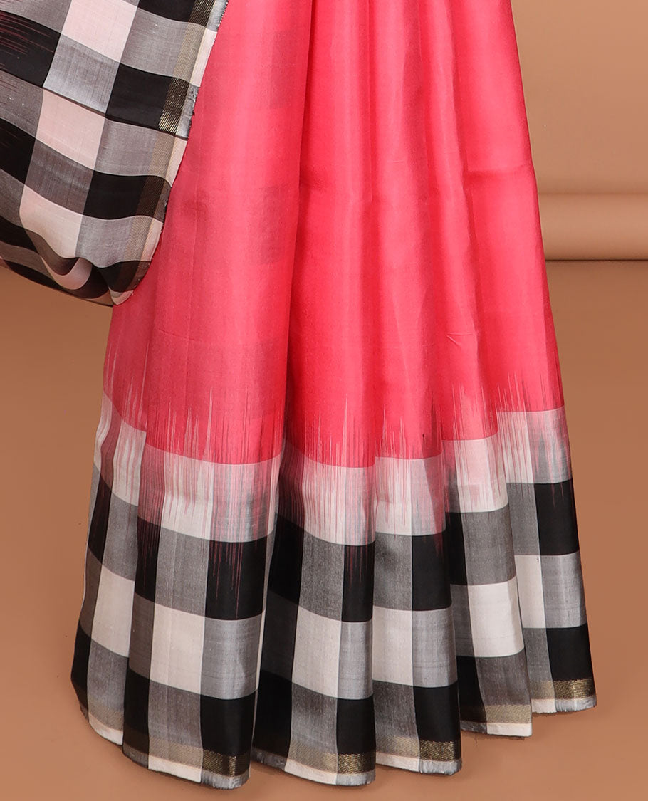 Pink plain design soft silk saree, contrast multi-colored checked design border & pallu