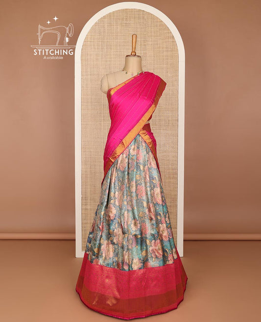 Blue floral printed half saree with contrast zari border, zari design blouse & floral zari design dhavani