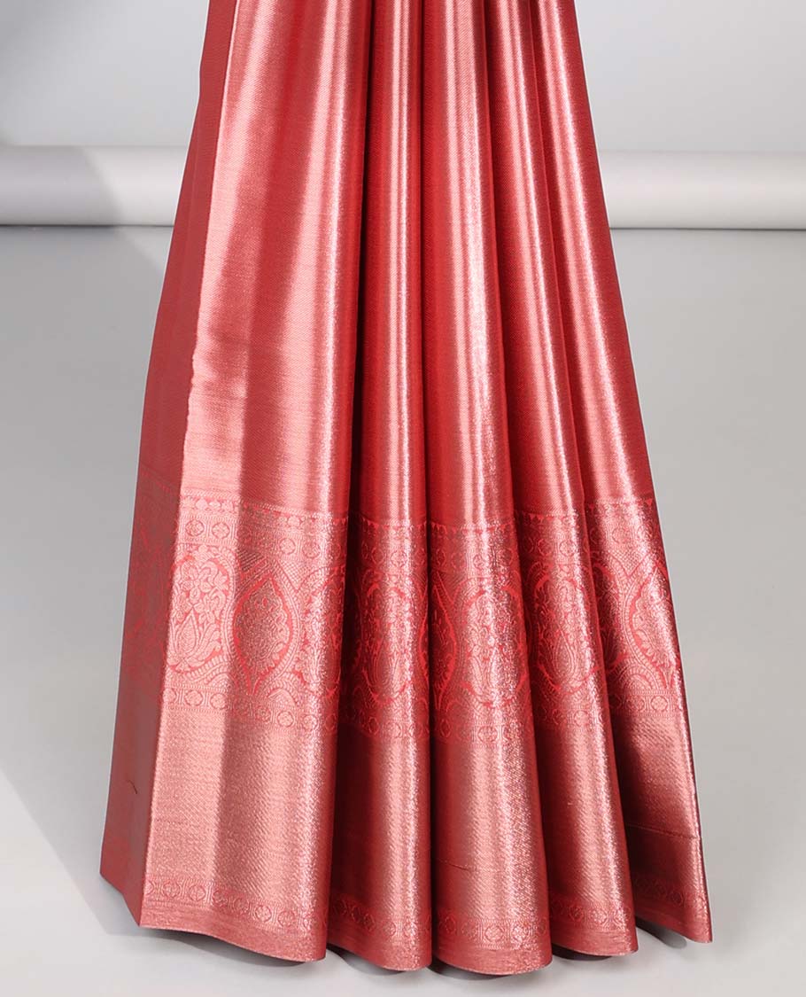Red tissue saree with self zari design border & intricate zari design pallu
