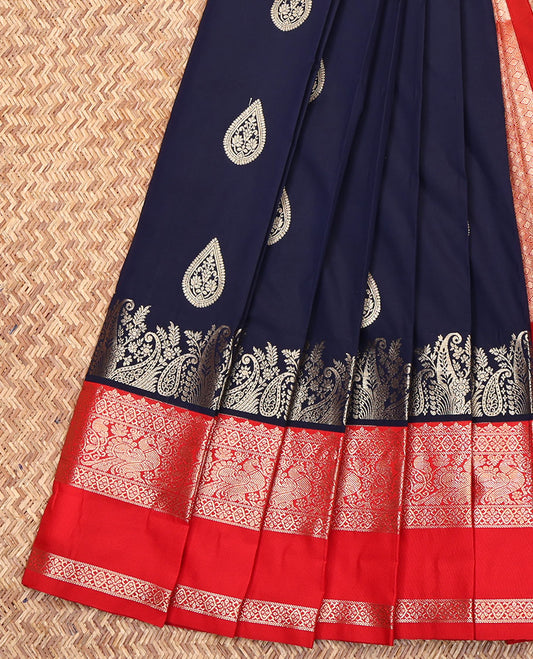 Blue Budget Silk Saree, Richly Detailed with Zari Buttas All Over Its Body, Complemented by a Contrast Traditional Zari Design Rettai Pettu Border, Pallu of Jaal Designs, and Paired with a Contrast Blouse