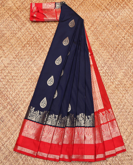 Blue Budget Silk Saree, Richly Detailed with Zari Buttas All Over Its Body, Complemented by a Contrast Traditional Zari Design Rettai Pettu Border, Pallu of Jaal Designs, and Paired with a Contrast Blouse