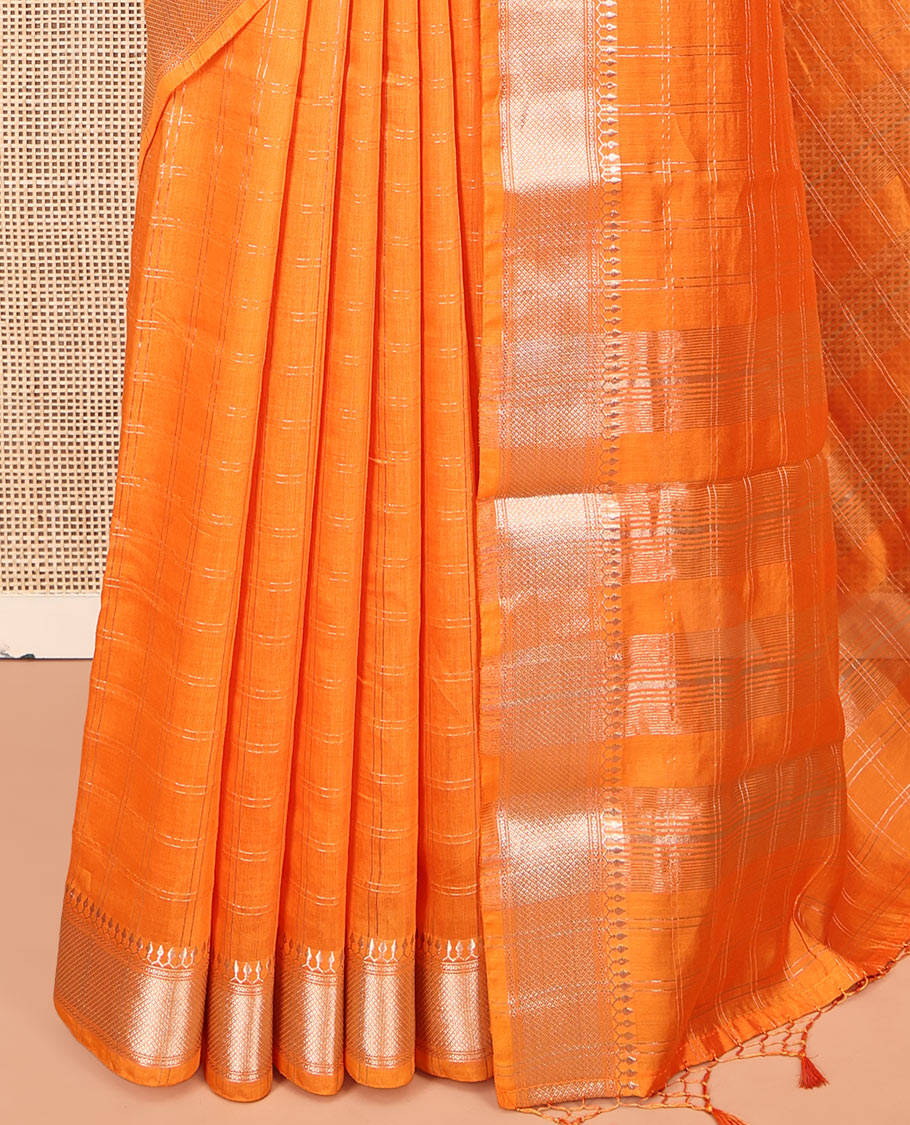 Orange Checked Assam Silk Saree, Highlighted by a Traditional Zari Border, Zari-Striped Pallu, and a Matching Blouse