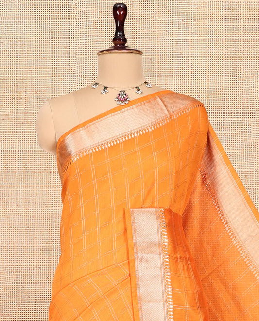 Orange Checked Assam Silk Saree, Highlighted by a Traditional Zari Border, Zari-Striped Pallu, and a Matching Blouse