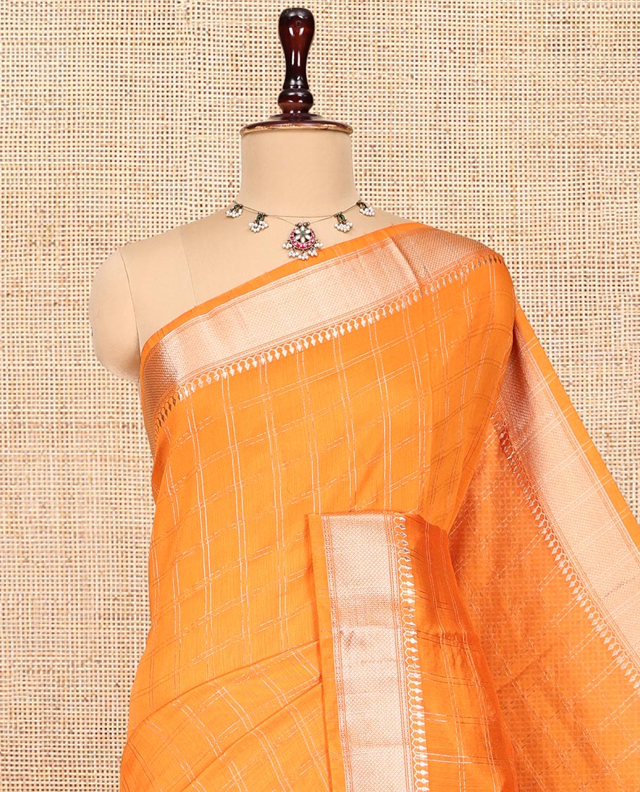 Orange Checked Assam Silk Saree, Highlighted by a Traditional Zari Border, Zari-Striped Pallu, and a Matching Blouse