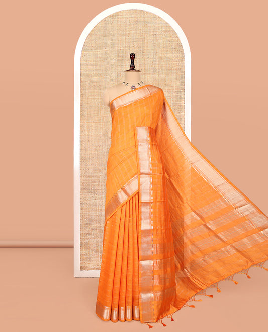 Orange Checked Assam Silk Saree, Highlighted by a Traditional Zari Border, Zari-Striped Pallu, and a Matching Blouse