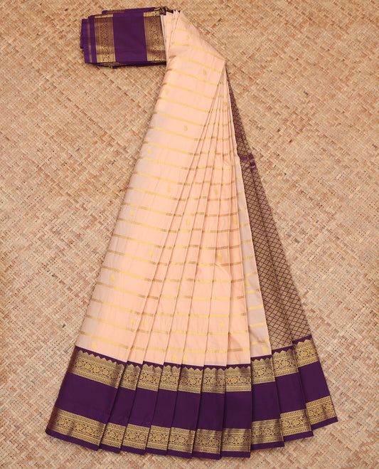 Light Cantaloupe Orange Budget Silk Saree, Detailed with Zari Buttas and Stripes, a Contrast Traditional Zari Rettai Pettu Border, Grand Pallu, and a Contrast Blouse