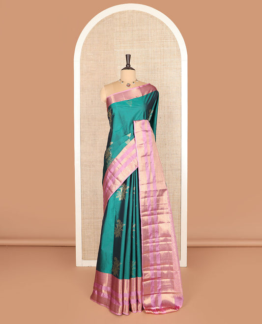 Green zari buttas budget silk saree, contrast traditional zari border, and jaal pallu