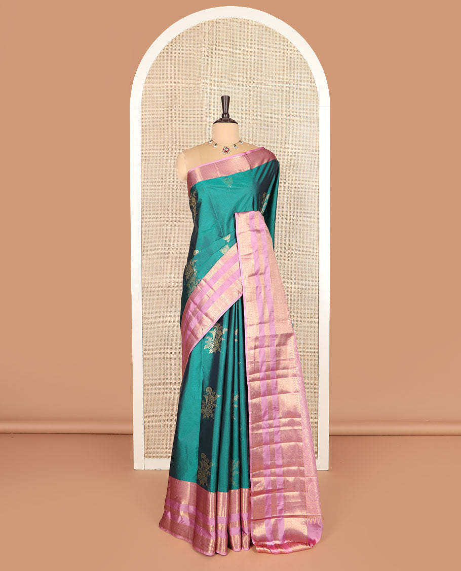 Green zari buttas budget silk saree, contrast traditional zari border, and jaal pallu