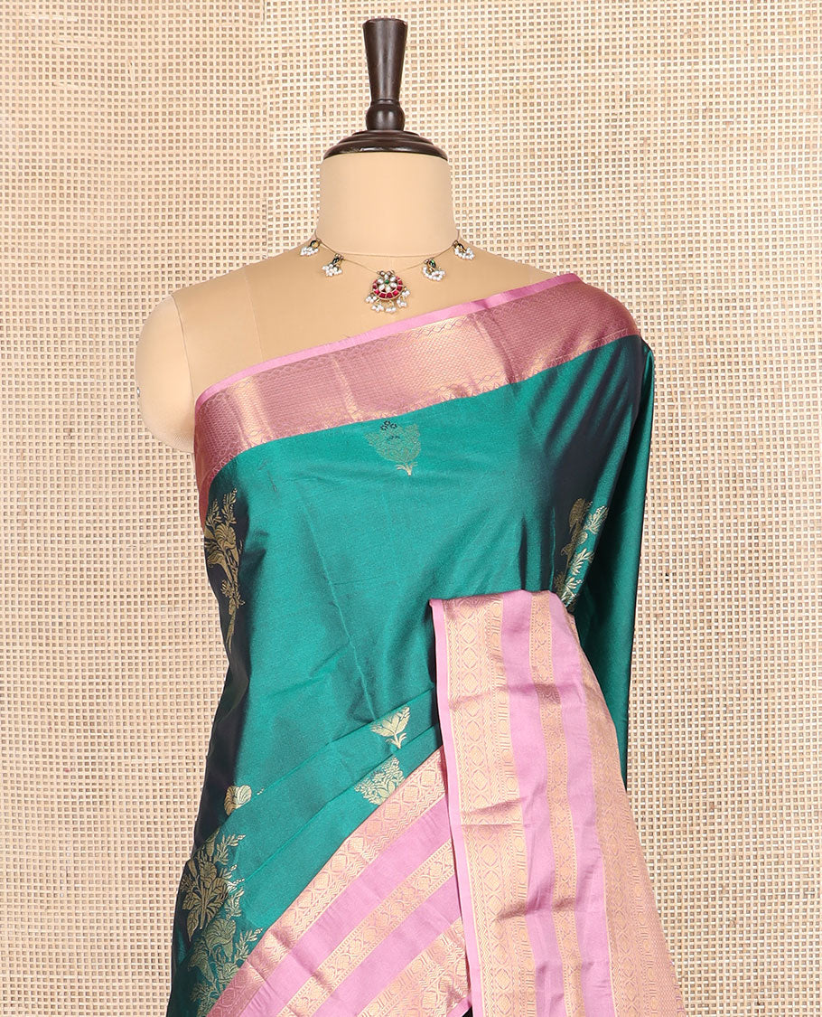 Green zari buttas budget silk saree, contrast traditional zari border, and jaal pallu