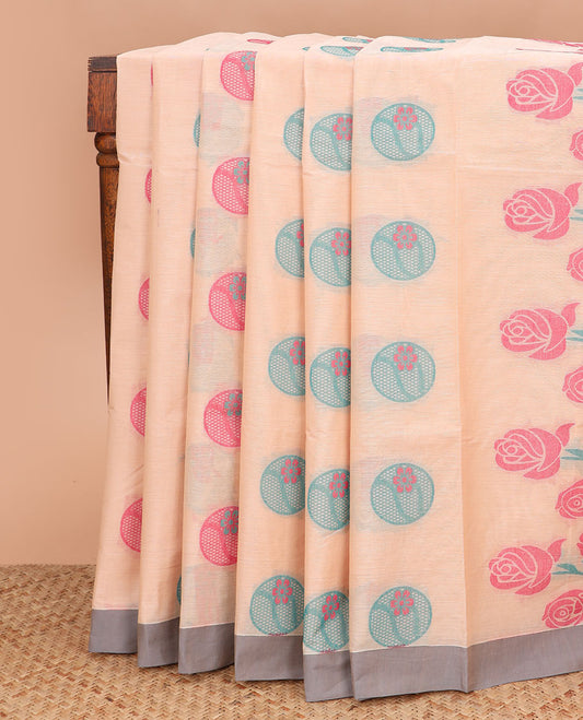 Peach buttas coimbatore cotton saree, contrast plain border and pallu of rose floral motifs