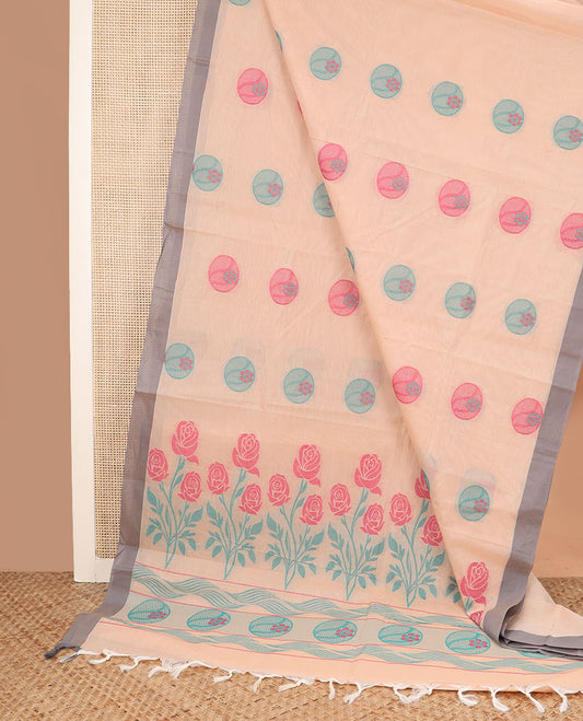 Peach buttas coimbatore cotton saree, contrast plain border and pallu of rose floral motifs