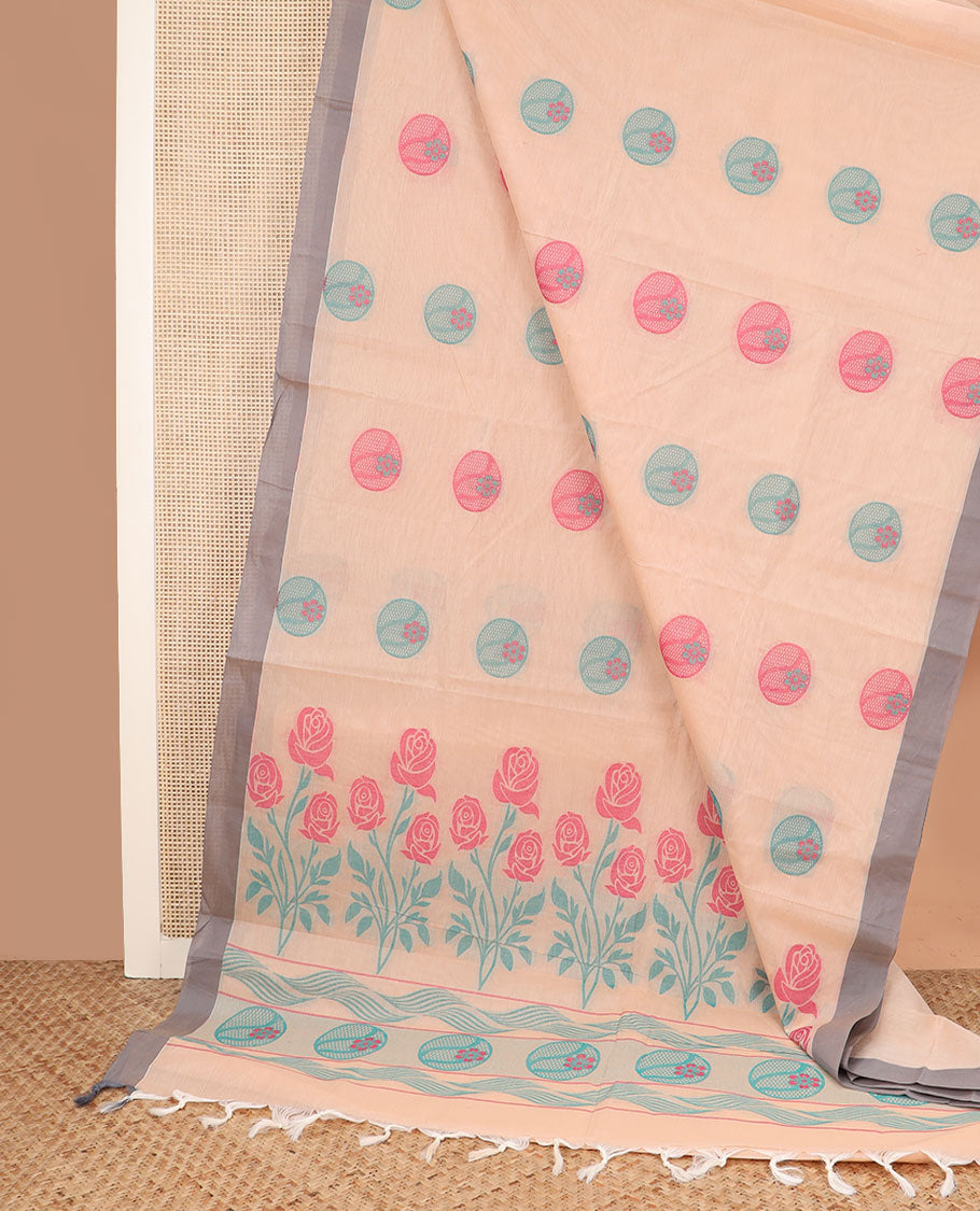 Peach buttas coimbatore cotton saree, contrast plain border and pallu of rose floral motifs