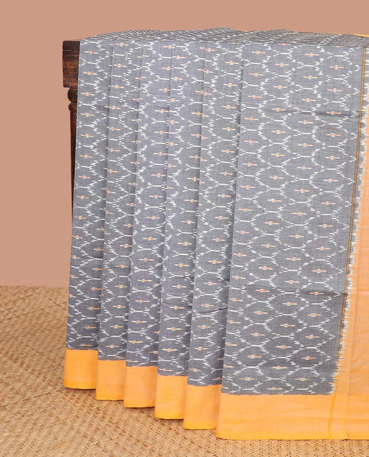 Grey ogee design ikkat cotton saree with contrast border & chevron design pallu