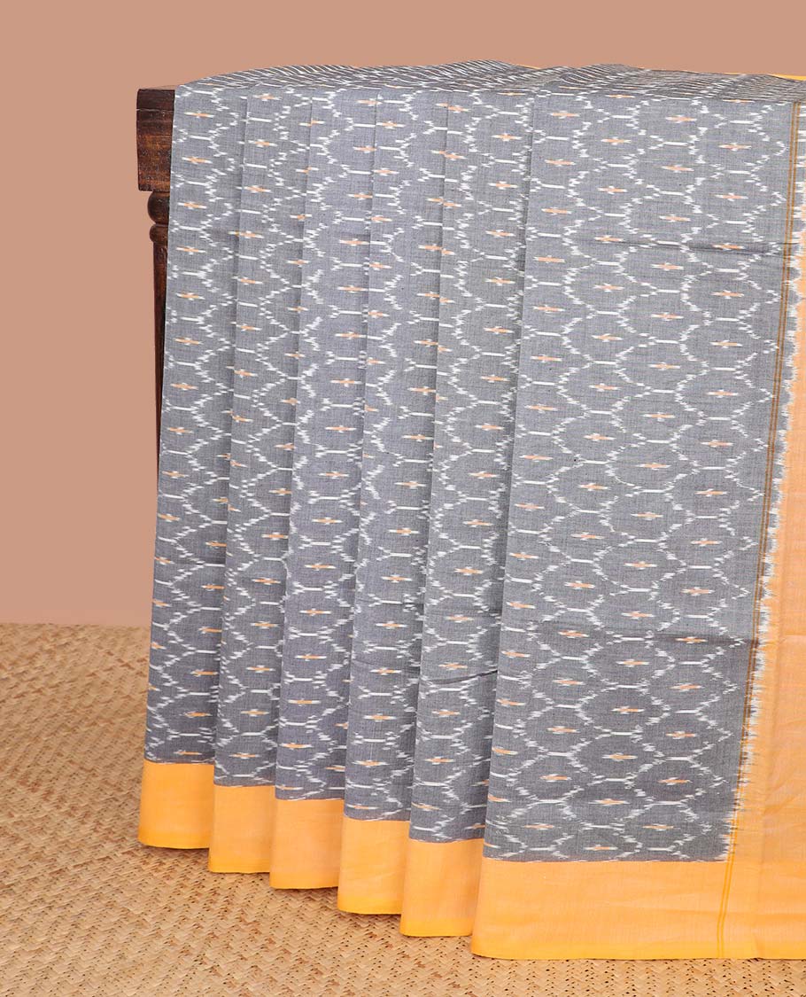 Grey ogee design ikkat cotton saree with contrast border & chevron design pallu