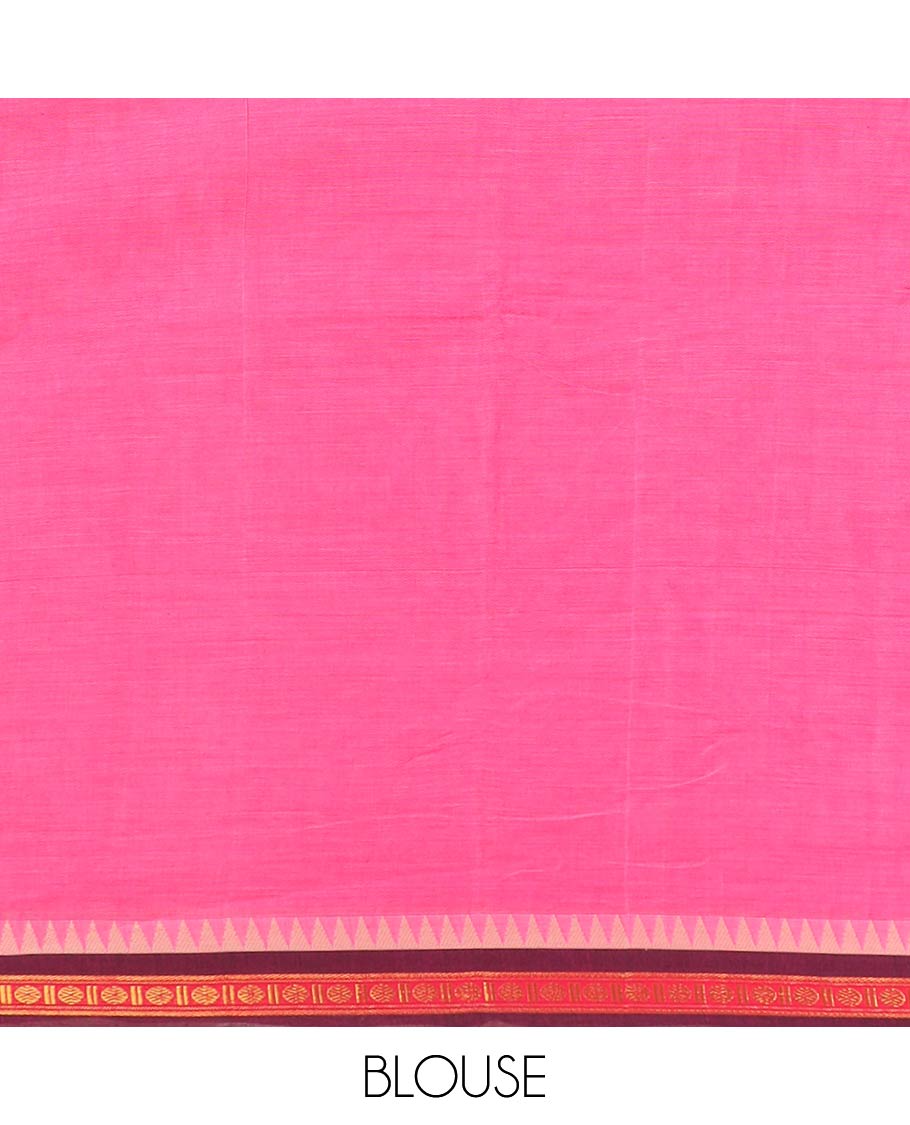 Pink plain Narayanpet cotton saree, contrast temple rudraksham border, and striped pallu
